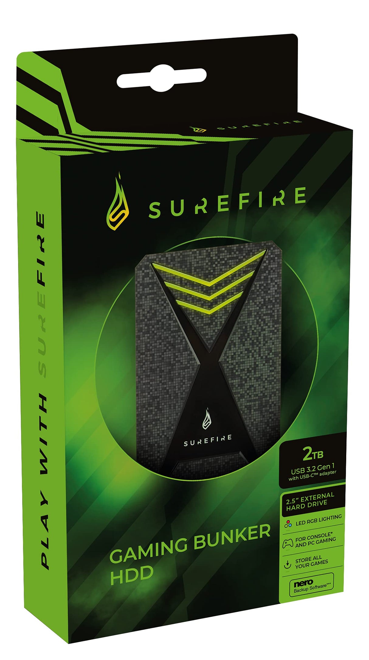 Surefire Hard Drive 2.5 Gaming I 2 TB I Negro I Disco Duro Externo I Adaptador USB-C I Windows & MacOSx I iluminación LED RGB I hasta 140MB/s I PC & Playstation & Xbox I Powered by Verbatim