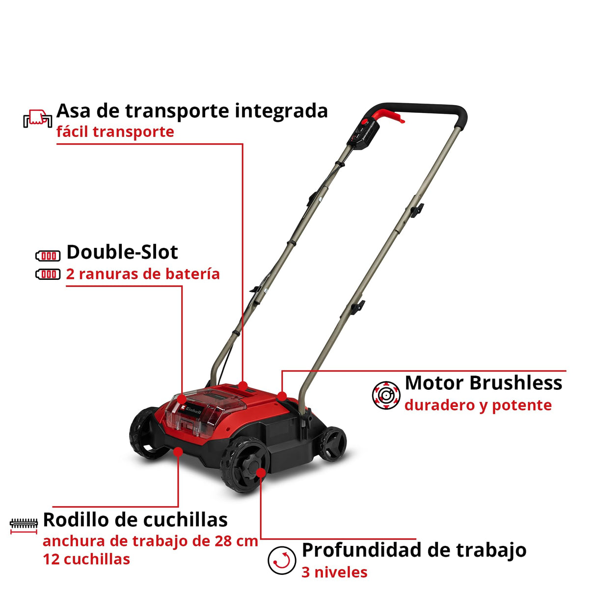 Einhell Aireador-escarificador con batería GC-SC 18/28 DS Li-Solo Power X-Change (18 V, 28 cm ancho de trabajo, sin escobillas, rodillo con 12 cuchillas, función Double-Slot, sin batería)