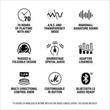 Marshall Monitor III ANC Auriculares con Cancelación Activa de Ruido, Inalámbricos Bluetooth, 70 Horas de Reproducción - Negro