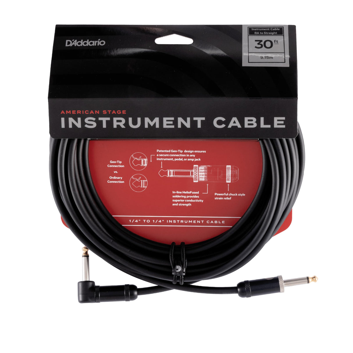 D'Addario Cable de guitarra – Cable de guitarra – 1/4 pulgadas macho a 1/4 pulgadas macho – American Stage Instrument Cable – recto a ángulo recto, 30 pies