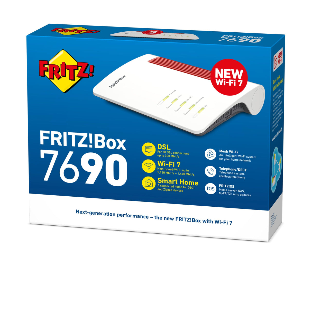 FRITZ!Box 7690 International, Router, WiFi 7, Banda Dual 4x4 (5760 Mbps 5GHz y 1440 Mbps 2,4 GHz), Mesh, WAN 2.5Gb, 2 x LAN Gigabit, LAN 2.5Gb, 1 x USB 3.0, Base DECT, Servidor Multimedia