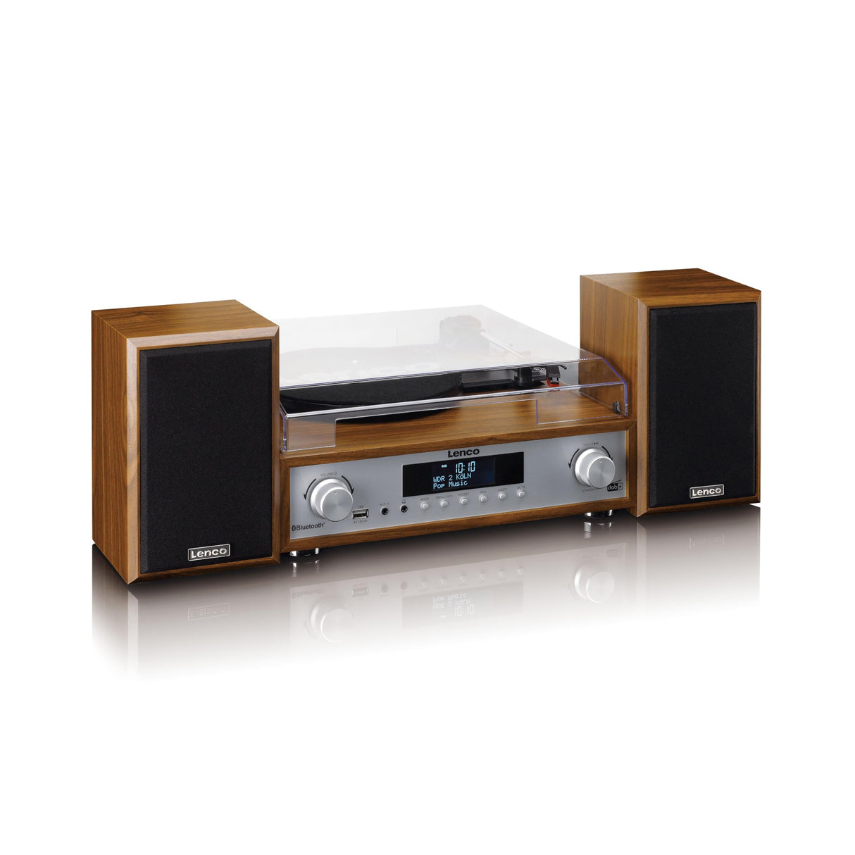 Lenco MC-160WD Equipo de música con Tocadiscos – Radio Dab+/FM, Bluetooth 5.0, conversión de Vinilo a MP3 por USB, tracción por Correa, 3 velocidades, Altavoces de Madera 2x10W, Mando a Distancia