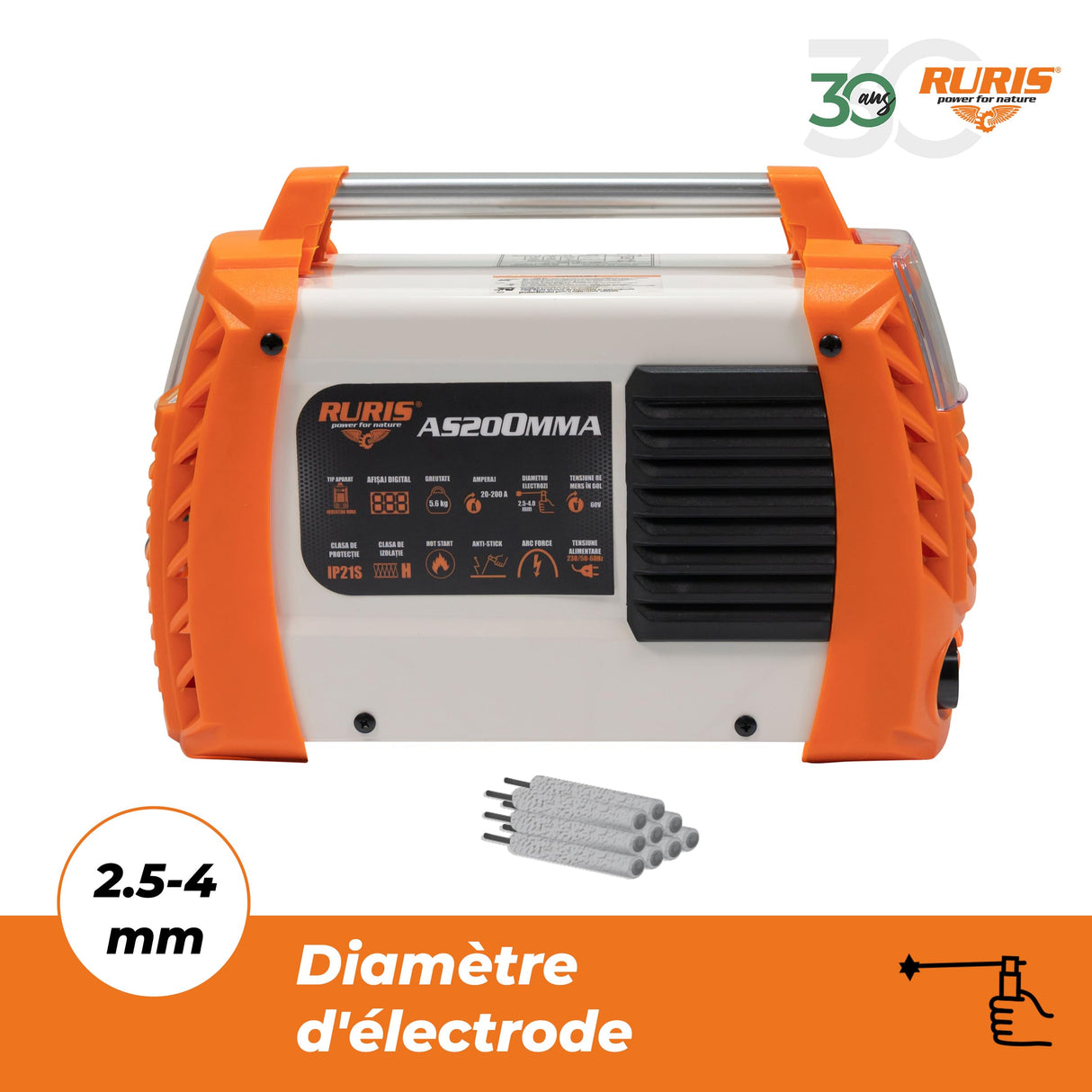 RURIS - Máquina de soldadura Ruris AS200MMA + máscara + martillo/cepillo + 2,5 kg electrodos rutilicos 3,2 mm + imán + guantes + máscara de soldadura soldador con células solares + delantal