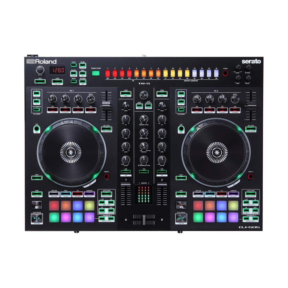 Controlador de DJ Roland DJ-505 — Dos canales y Deck Select para hasta cuatro decks — Controlador de DJ de gama alta en formato compacto