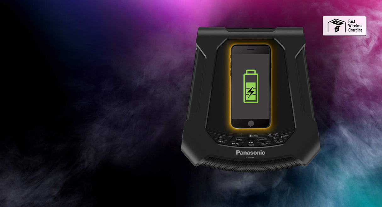 Panasonic SC-TMAX5 - Sistema de Sonido Portátil (150 W, 16 cm Woofer, Wireless, Base de Carga para Smartphone, Efectos de luz, Powerbank, CD, Bluetooth, DJ Sampler, USB, MAX DJ Effect) Negro