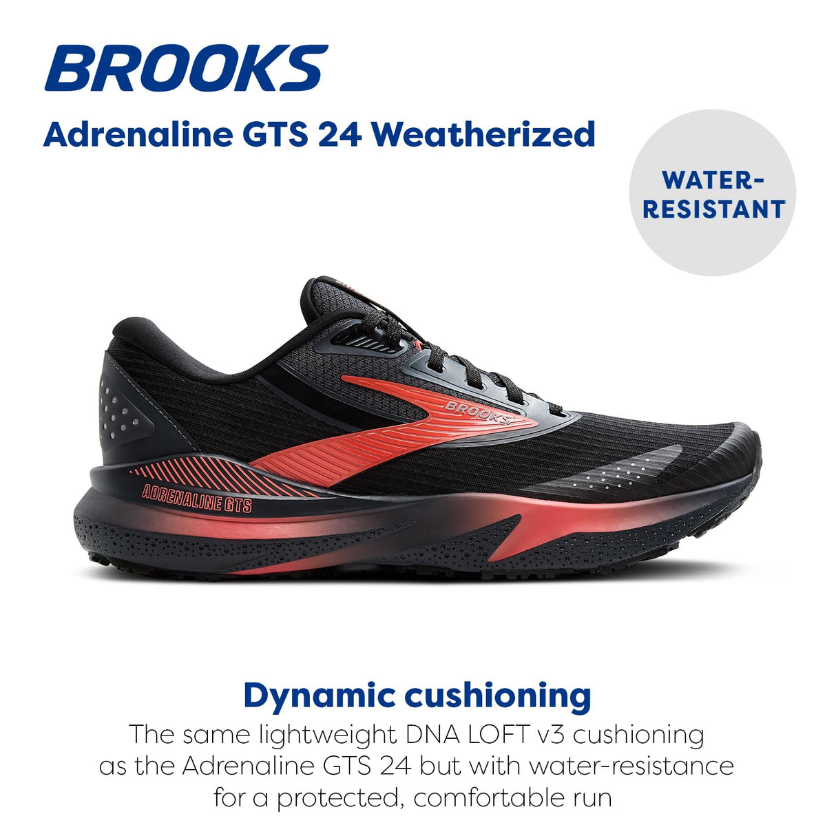 BROOKS Adrenaline GTS 24 Weatherized, Sneaker Mujer, Negro/Ébano/Coral Intenso, 42 EU