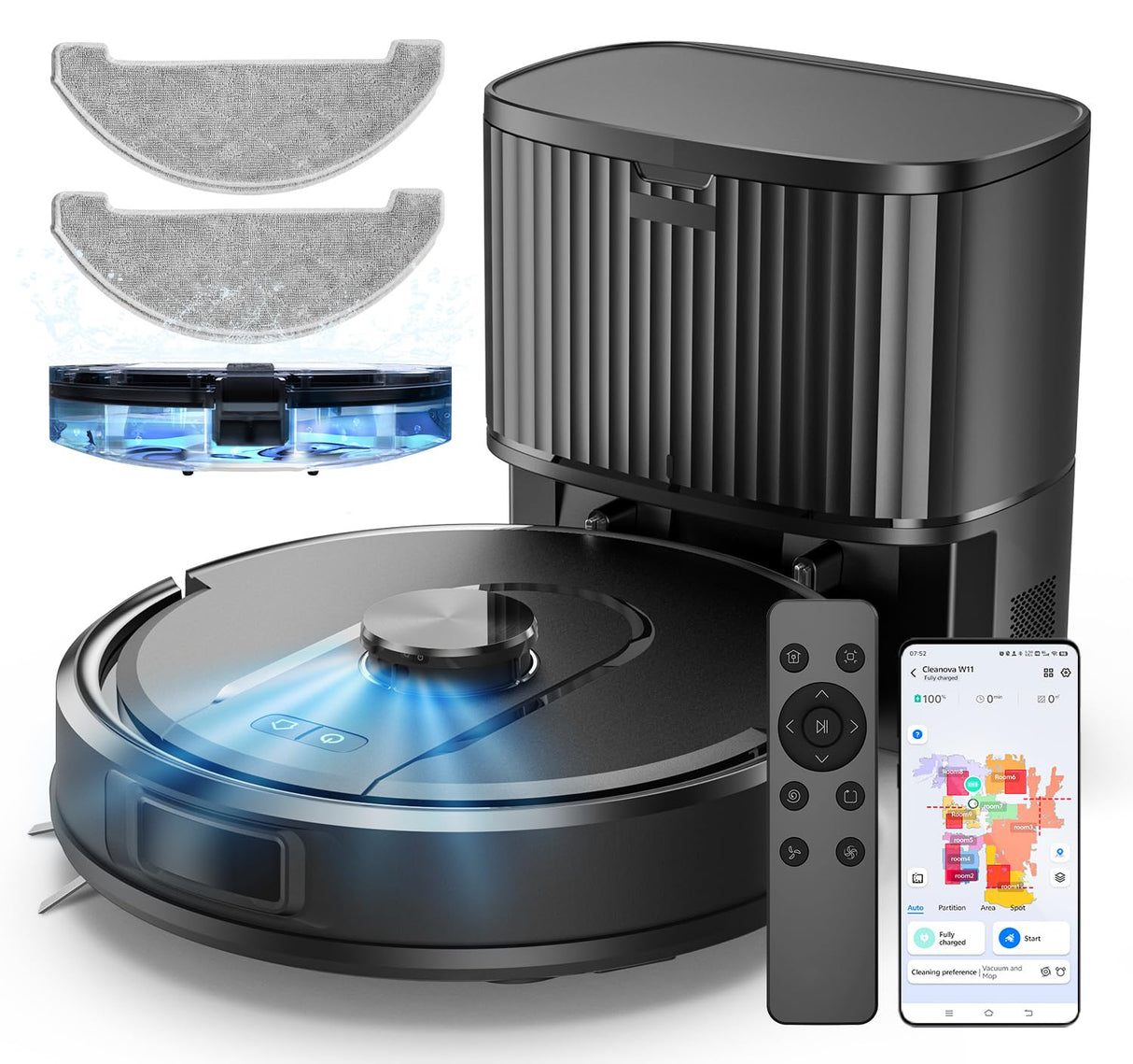 Vexilar Robot Aspirador y Fregasuelos W11 con Potente Succión 5000Pa, Robot Aspirador con Sistema de Navegación Láser Inteligente y Función de Mapeo Inteligente, Base Autovaciado, Negro