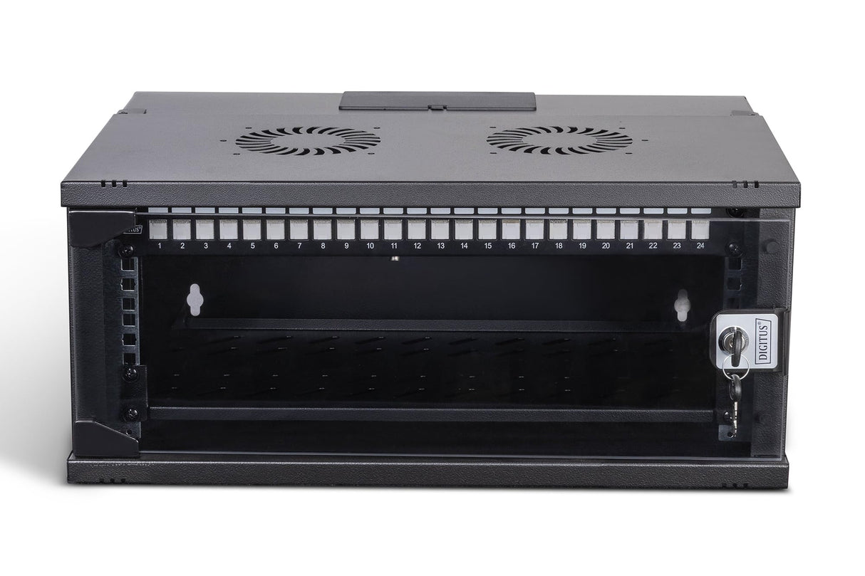 DIGITUS Set de Red de 19 pulg – Armario Mural 4U – Estante 1U – Panel de conexión de 24 Puertos – 24 módulos Keystone – 30 Cables de Red Cat 6A – No montado – Soho Pro – Negro