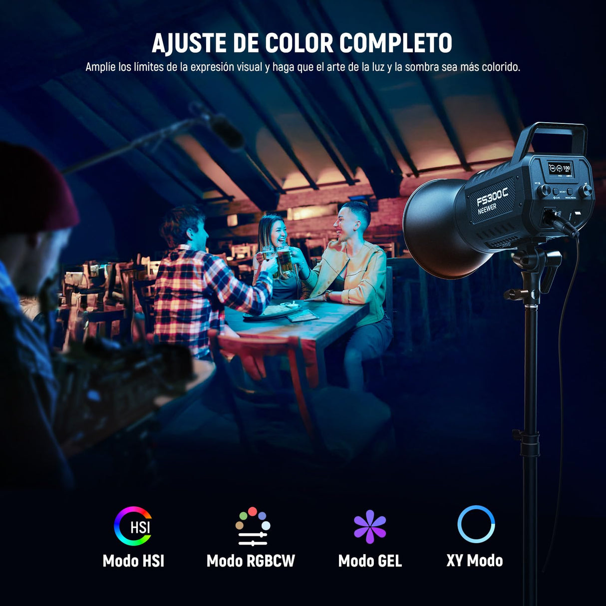 NEEWER 300W RGB Luz Video LED App/2.4G Control 17 Efecto 2500-7500K 36000lux/1m COB Iluminación Salida Continua CRI95+/TLCI97+ 4 Curvas de Atenuación Foco Bowens Mount para Estudio Fotográfico,FS300C