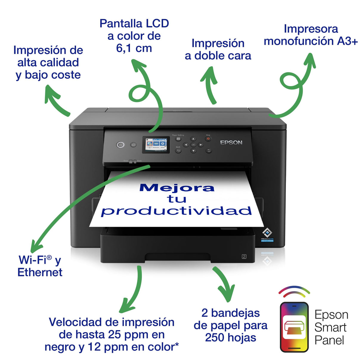 Impresora de inyección de tinta monofunción WorkForce WF-7310DTW A3+ con conectividad inalámbrica e impresión a doble cara