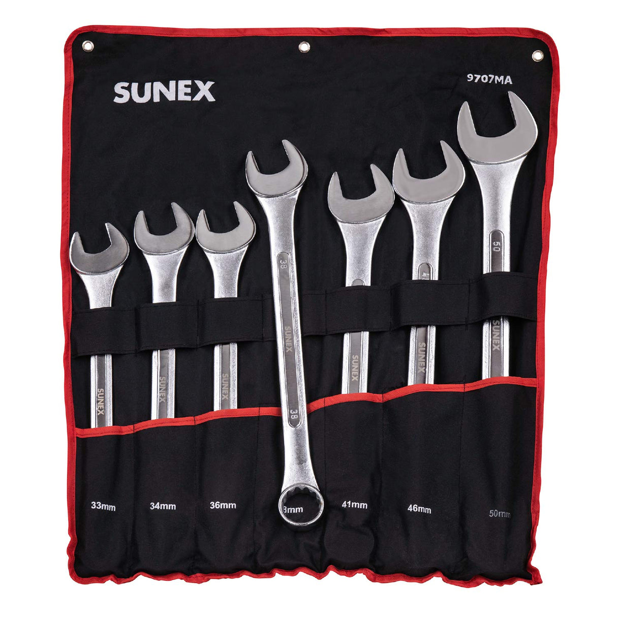 Sunex Tools 9707M - Juego de llaves combinadas métricas jumbo, 7 piezas (incluye estuche enrollable)