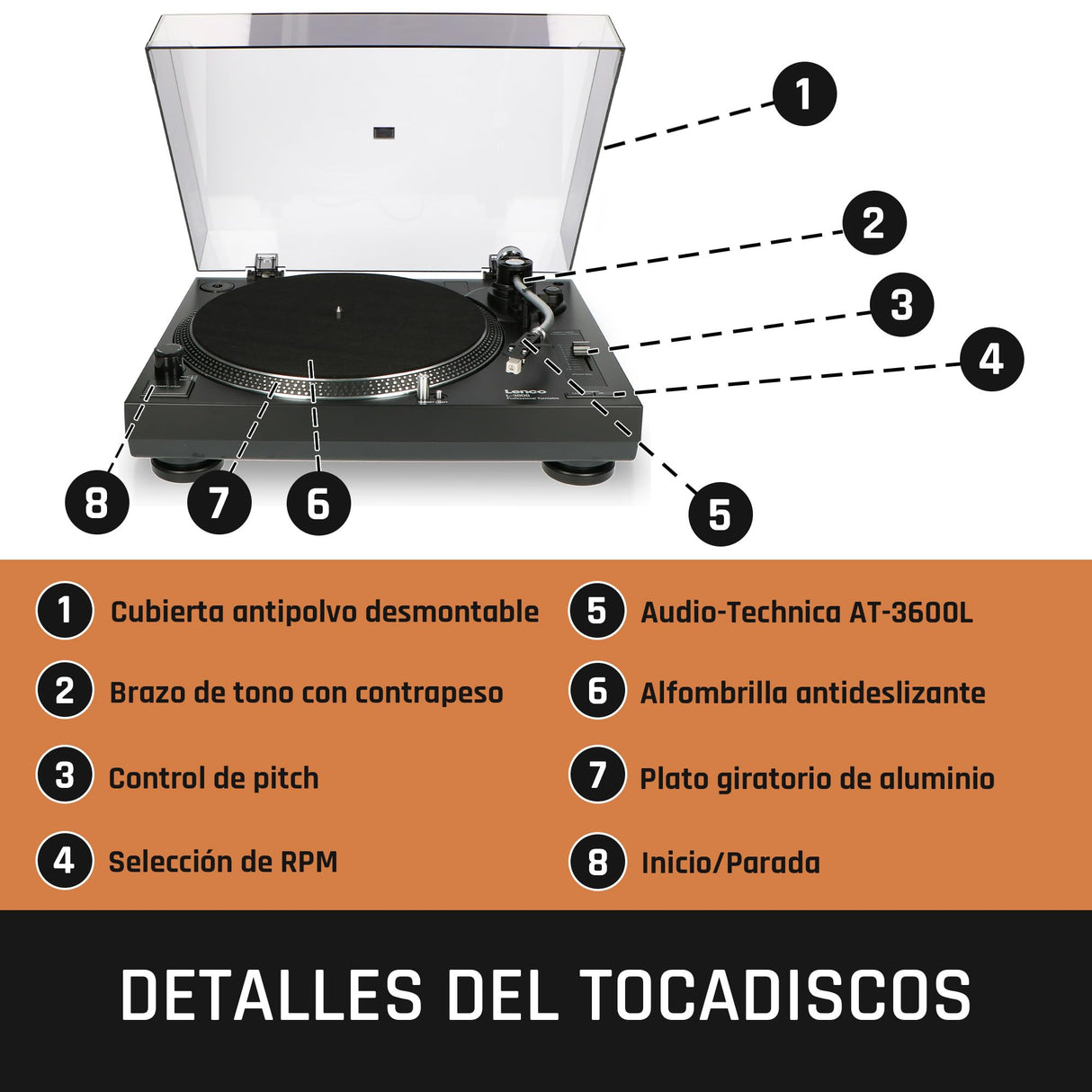 Lenco L-3808 Tocadiscos USB DJ con Direct Drive - 33/45 rpm, sistema de captación magnética, iluminación de aguja y digitalización para PC, Negro