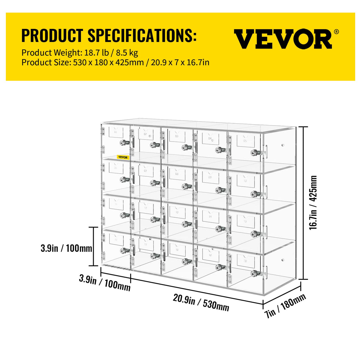 VEVOR Casillero de Almacenamiento para teléfono móvil, Cabina telefónica de acrílico con Cerradura, 20 Ranuras, 53x18x42,5 cm, gabinete de Almacenamiento para teléfono con Llaves, Sala de reuniones