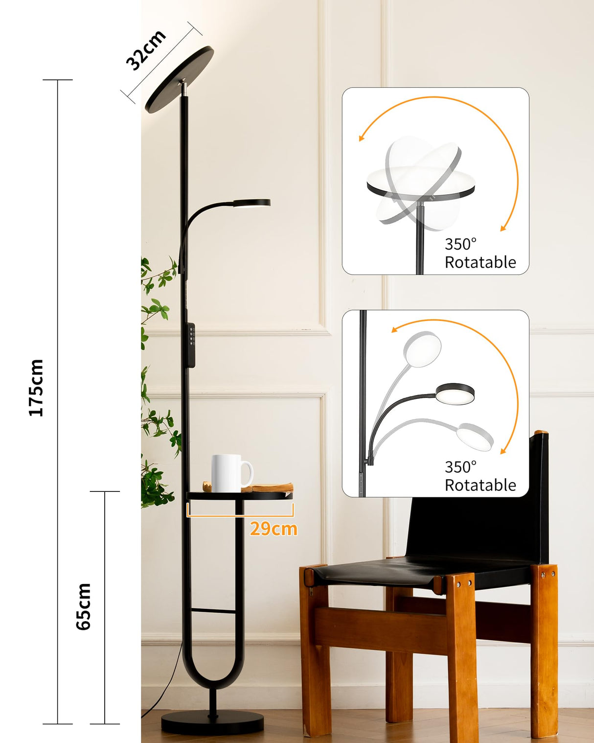 LuminexDesigns Lámpara de Pie LED con Mesa, 36W+7W Regulable 3200LM+600LM con Mando, Cabezal Giratorio 350°, 2700K-6500K, Lámpara Moderna para Salón Negra