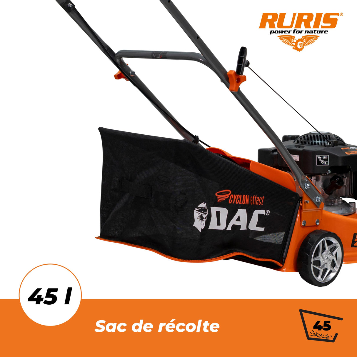 RURIS Césped Térmico DAC 100XLS - Motor 3,3 CV 131 CC - Ancho de Corte 40 cm - Bandeja de Recogida 45 L - Superficie de hasta 1300 m²