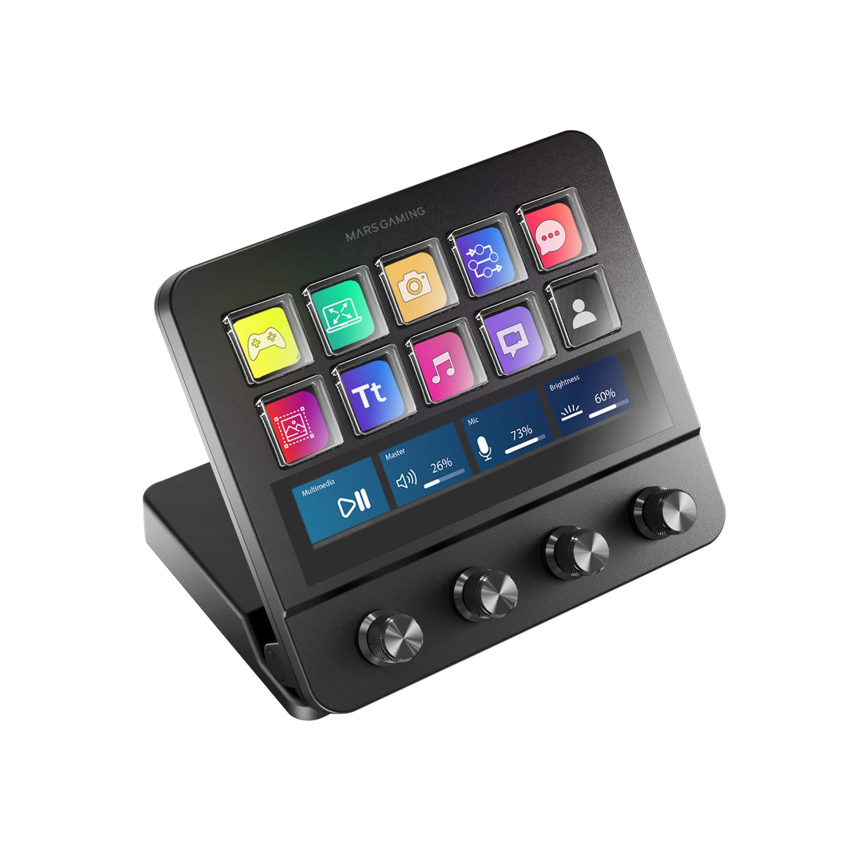 Mars Gaming MSD-Pro, Control Deck, 10 Teclas LCD y 4 Diales Personalizables, Pantalla Táctil Extendida Animada, Base Ajustable; Software de Control, Hub USB con 2X USB 3.0 + 1x USB-C, Negro