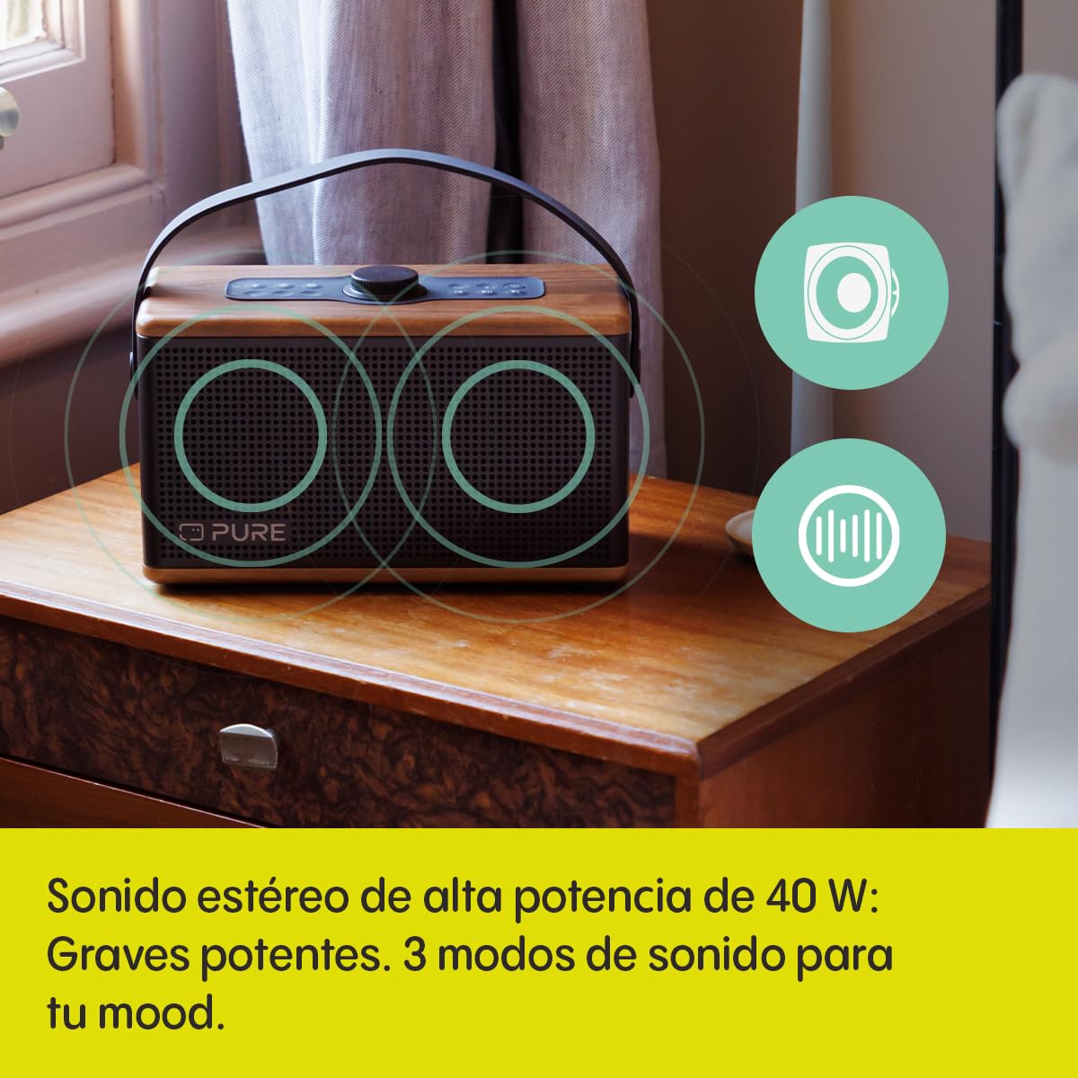 Pure Classic Aura Altavoz Bluetooth portátil 40W con batería 10000mAh, función Powerbank, Luces ambientales, 30h autonomía, USB-C, Entrada AUX, Resistente a Salpicaduras IPX2 – Marrón Café/Nogal