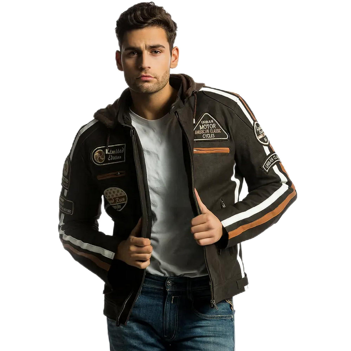 URBAN 5887 Chaqueta Moto Hombre en Cuero 58 Gents | Cazadora de Moto de Piel de Cordero | Armadura Removible para Espalda, Hombros y Codos Aprobada por la CE | Marrón | L