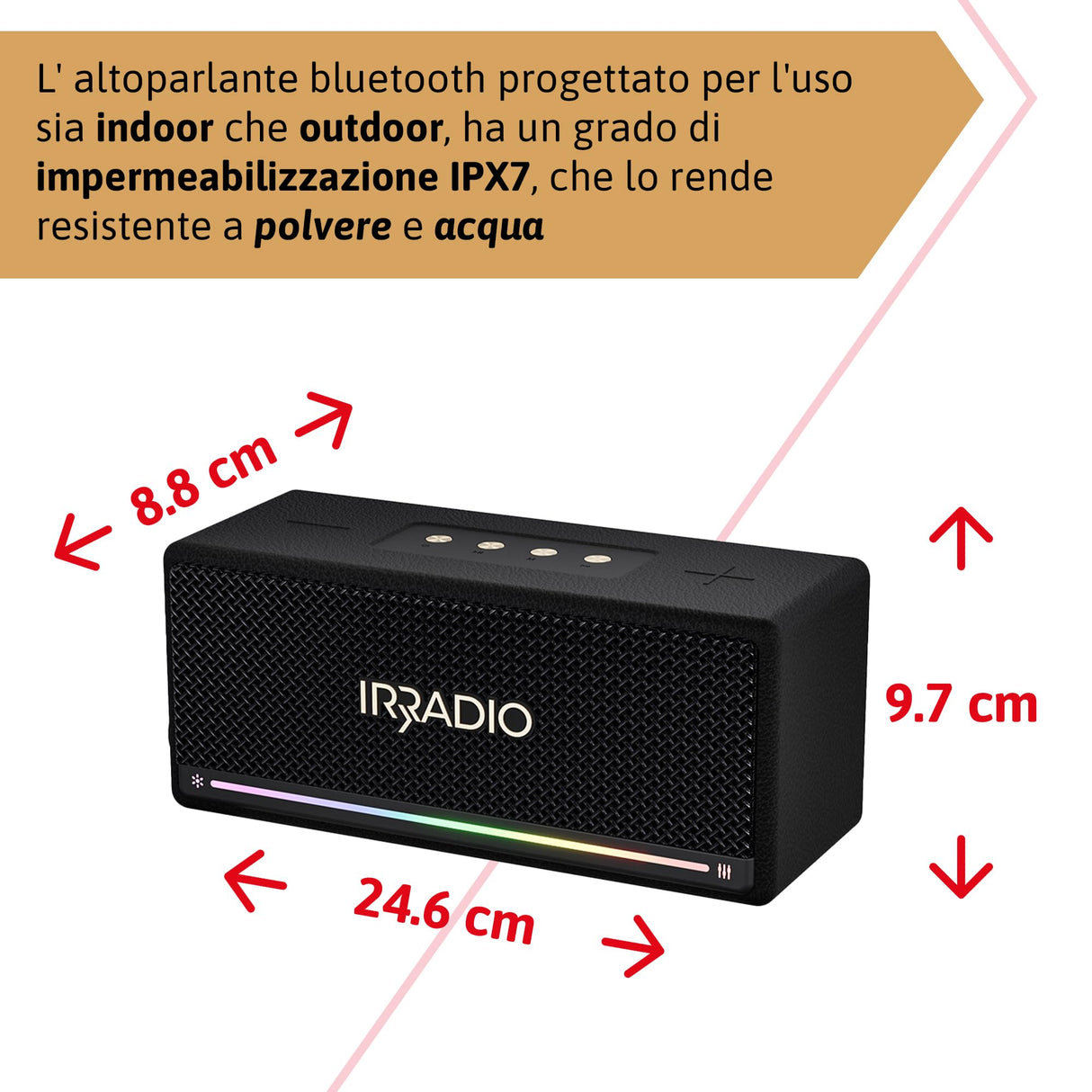 IRRADIO IR-M6 Classic, Altavoz Bluetooth portátil, 40 W, Doble woofer y Tweeter, Grado de impermeabilización IPX7, iluminación LED RGB, función True Wireless Stereo, Compatible con formatos MP3 y WA