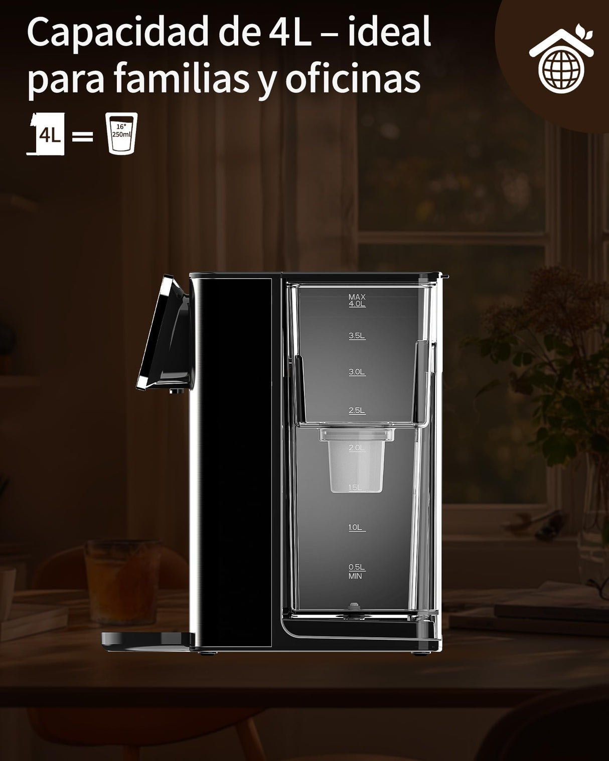 ZACHVO Dispensador de Agua Caliente UR05-2200W Agua Caliente en Segundos, 4 Niveles de Temperatura y 3 Cantidades de Agua, Depósito de 4L, Compacto, Filtro de Carbón Activo, para Cocina y Oficina