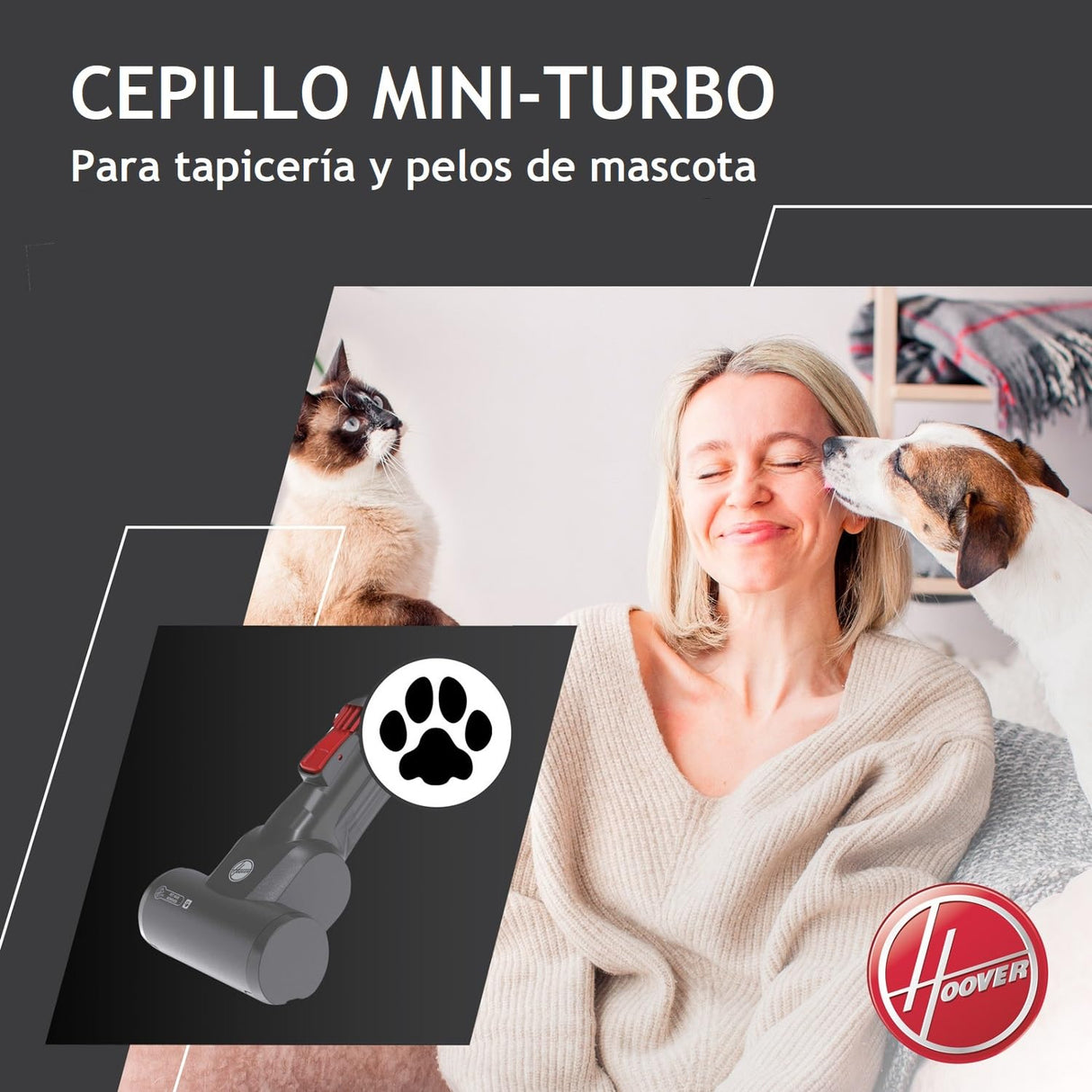 Hoover H-FREE 100 ESPECIAL MASCOTAS HF122GPT Aspiradora Escoba sin Cable, sin Bolsa, 3 en 1: Escoba, de Mano y Vertical, Cepillo Mascotas y Tapicerías, Autonomía 40min, Posición Parking, 6500Pa