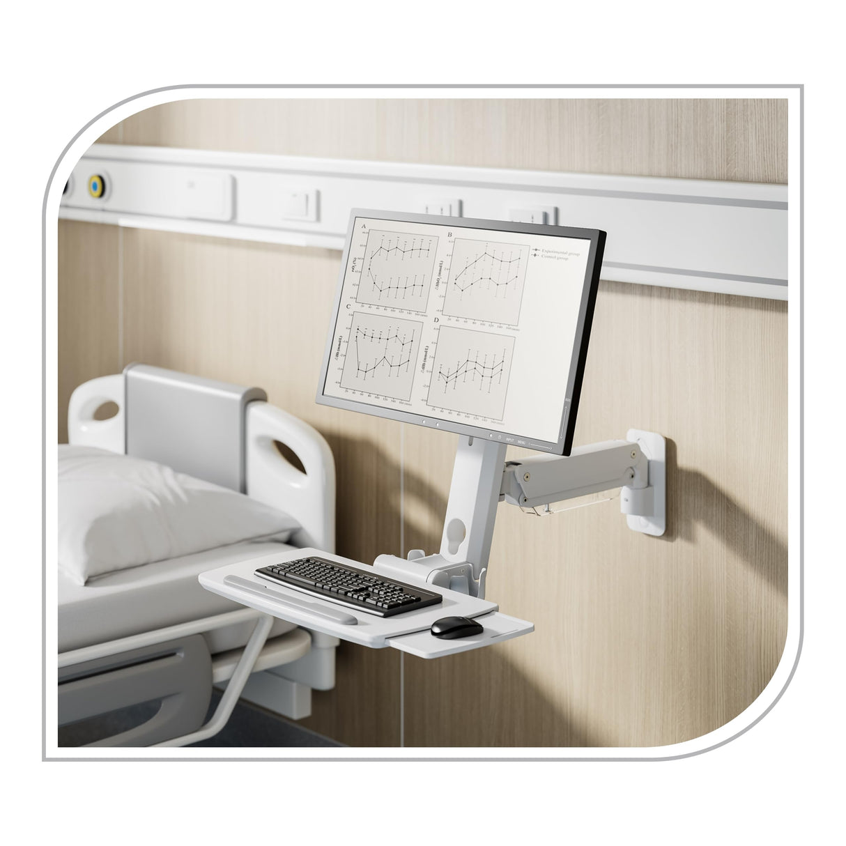 PureMounts Soporte para Monitor con Bandeja para Teclado, Soporte de Pared para Pantalla con Bandeja para Teclado, Ajustable en Altura, Giratorio, Inclinable, Estación de Trabajo de Pie, Blanco