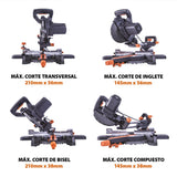 Evolution Sierra ingletadora deslizante de 185 mm (R185SMS+) de Evolution con corte multimaterial; bisel de 45°, inglete de 50°; guía láser. Incluye hoja multiusos
