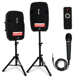 Pyle Kit de Sistema PA, Portátil, Inalámbrico, 1800W, Bluetooth, Activo + Pasivo, Sonido Interior/Exterior, Entradas USB, SD, AUX, XLR, RCA, Incluye 2 Soportes, Micrófono Cableado, Mando a distancia