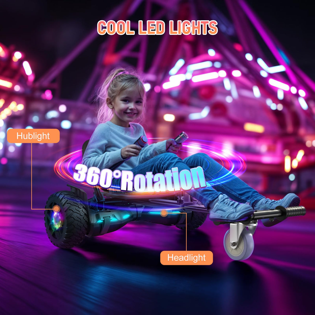Scooter Con Asiento, 8.5" Hoverboard Go Kart Combo Con Luces LED De Colores Y Bluetooth, Para Niños Niños Niñas Adultos Todas Las Edades