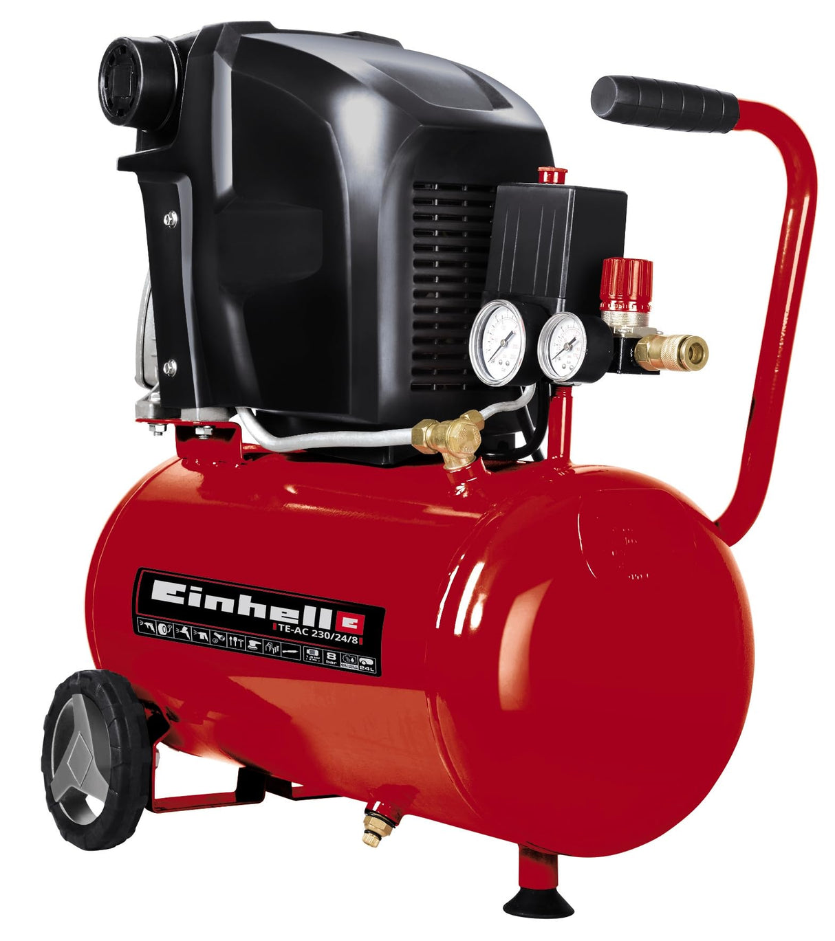 Einhell Compresor con cable - TE-AC 230/24/8. 1500 W, máx. 8 bar, depósito: 24 l, lubricación: aceite, antivibración, válvula de retención, tornillo de vaciado, 2 manómetros