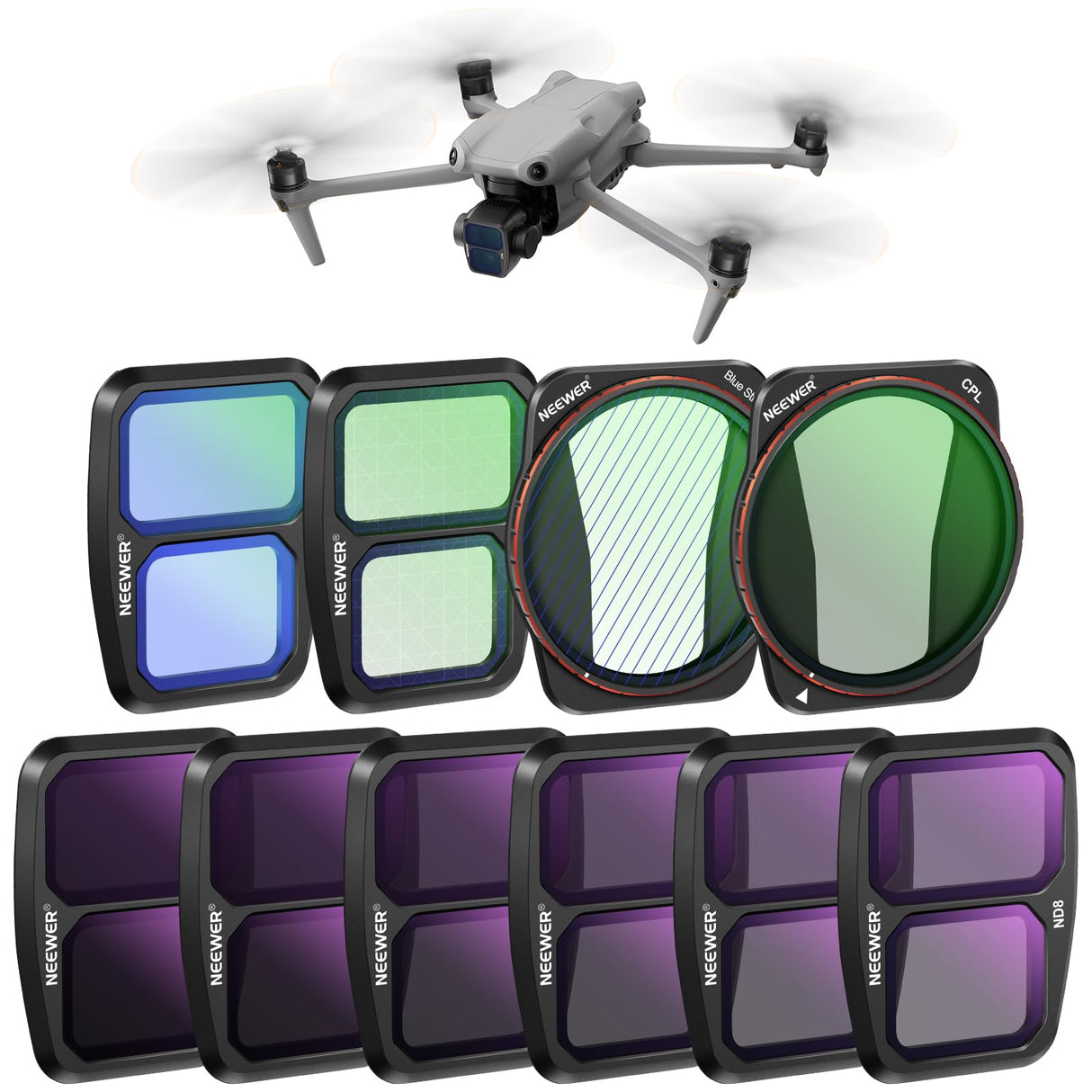 NEEWER Juego de Filtro ND y Efecto Compatible con dji Air 3, 10 Pack Snap On HD ND8/ND16/ND32/ND64/ND128/ND256 Densidad Neutra/Polarización CPL/Reducción de Lumínica/8x Estrella/Racha Azul Anamórfico