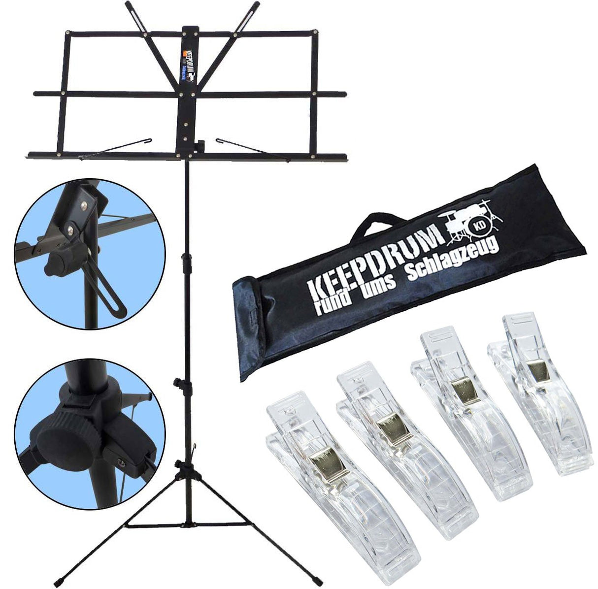 Keepdrum MUS2 BK - Atril para partituras (incluye funda y 4 clips de sujeción), color negro