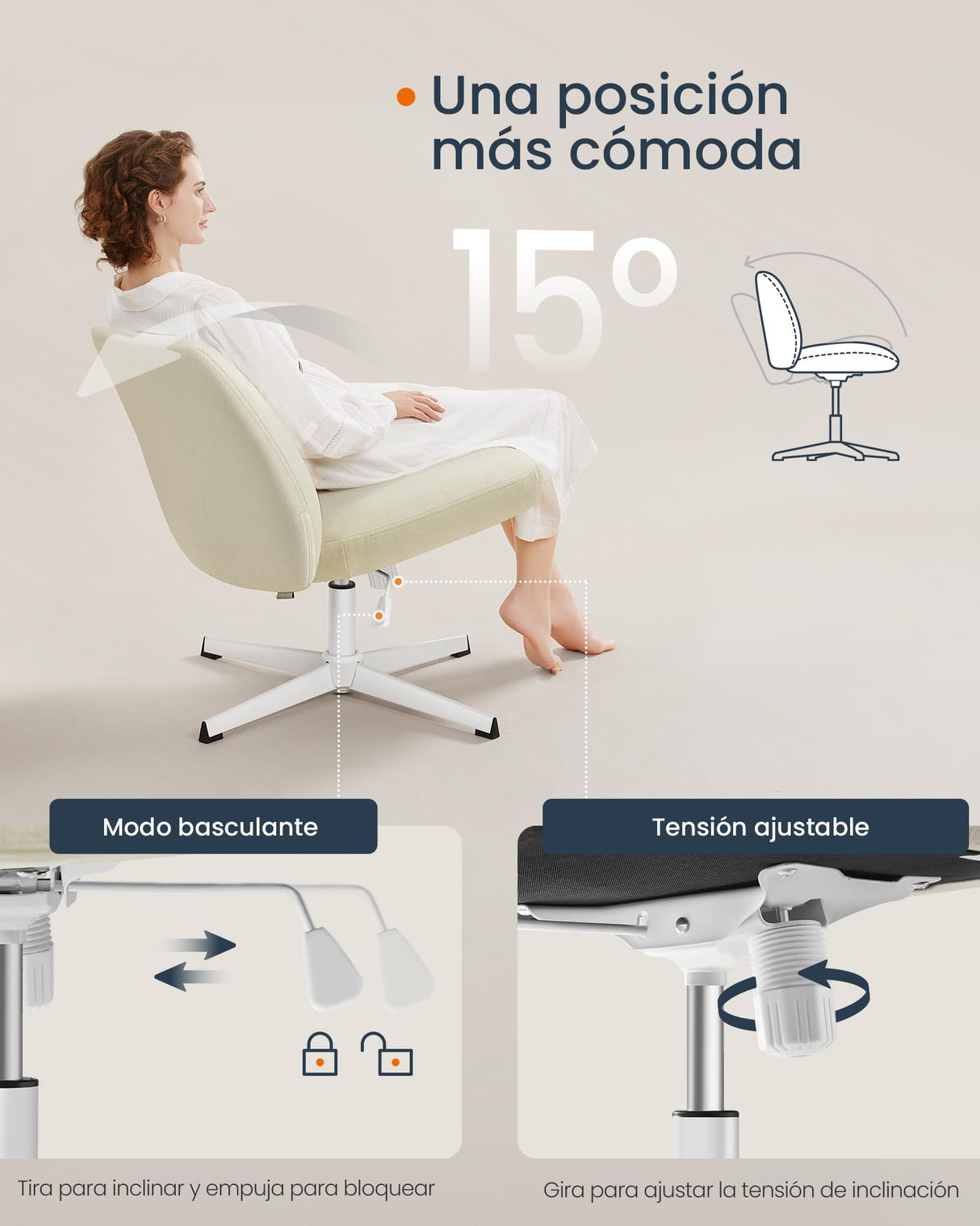 SONGMICS HOME Silla de Oficina, Estilo Contemporáneo con Base en Cruz, Asiento Ancho y Cómodo, Altura Ajustable, Silla Giratoria, Tela de Lino de Algodón, Blanco Crema OBG046W01