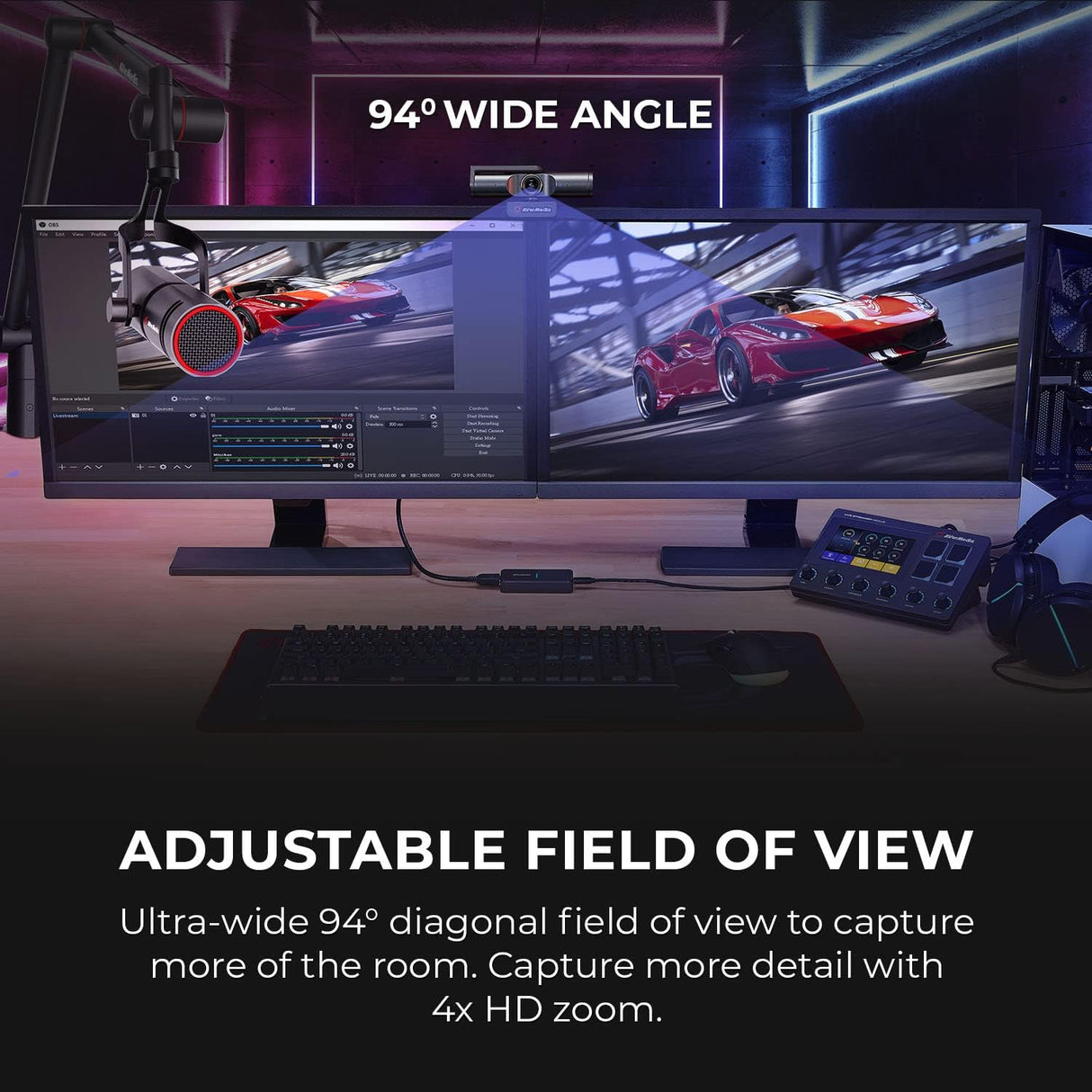 AVerMedia Live Streamer CAM 513 - Cámara web 4K de gran angular con cubierta para cámara web, micrófono incorporado, Plug & Play para iluminación interior, juegos, transmisión, videollamadas
