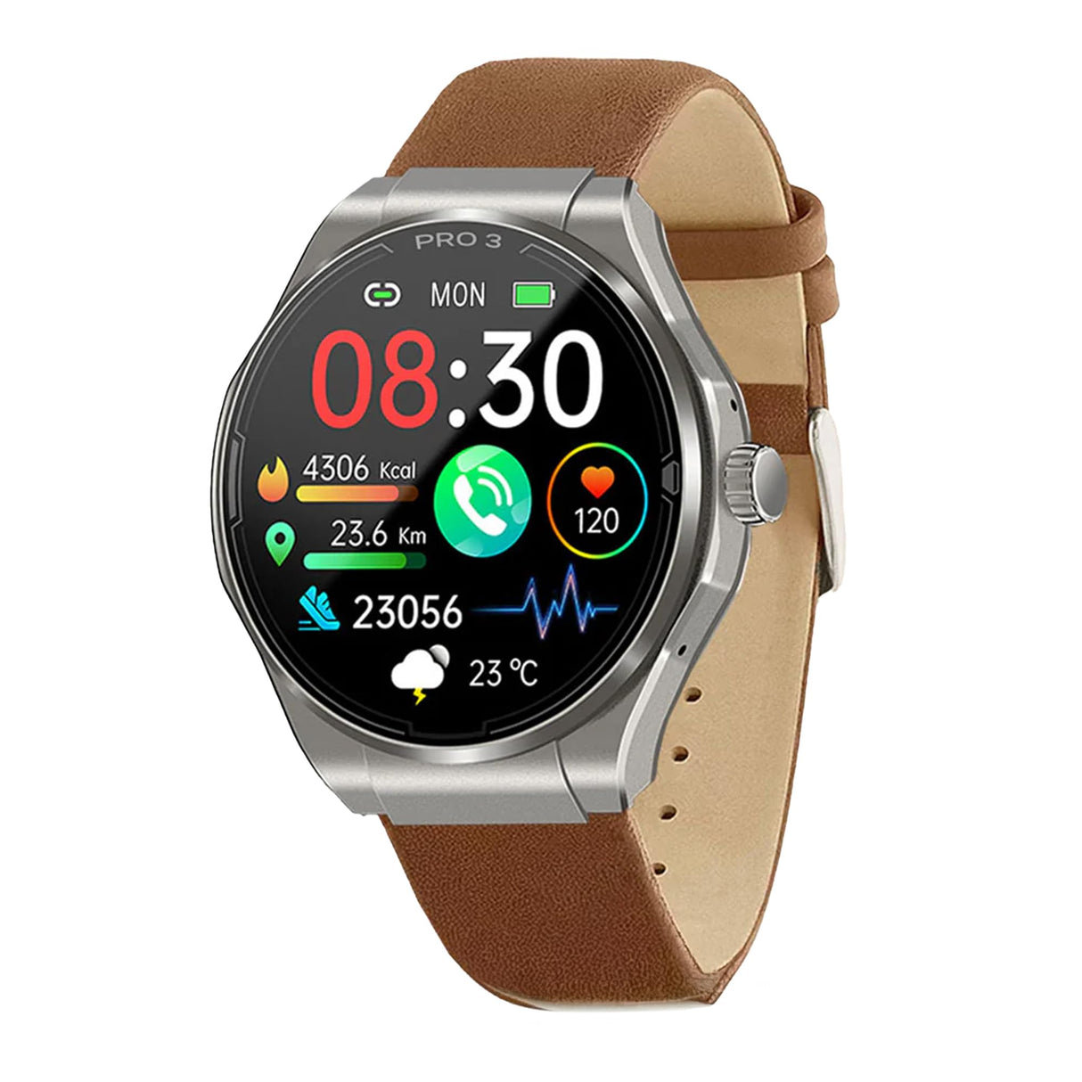Knauermann Pro 3 (2024) Plata - Reloj de Salud Smartwatch con función de telefonía - Función ECG + HRV y SOS - Pantalla AMOLED - BT Bluetooth - Apnea del Sueño - Correa de Piel auténtica marrón,
