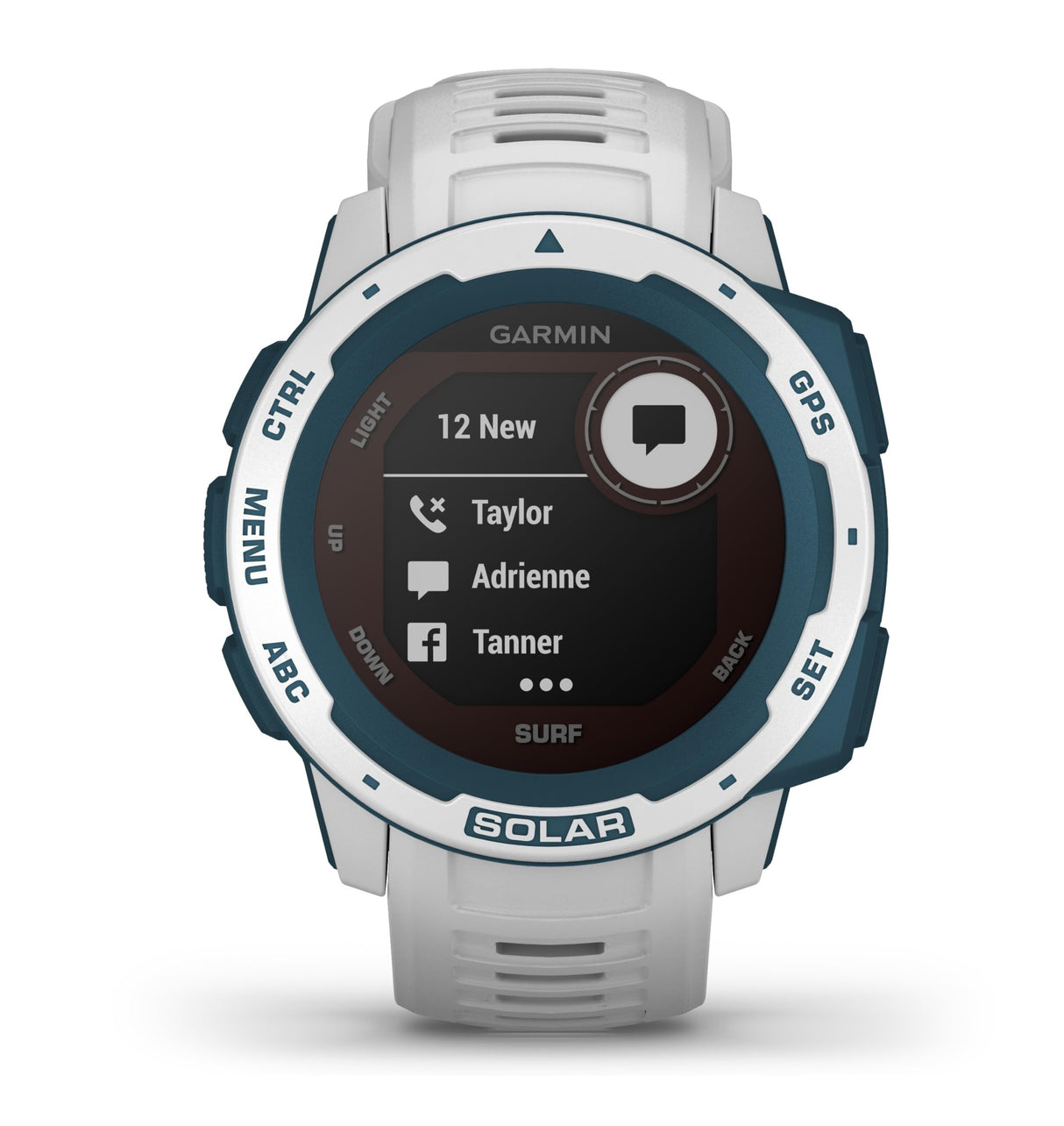 Garmin Instinct Surf Solar, Reloj inteligente con GPS resistente al agua, funciones deportivas de surf, carga solar, pulsioximetría y notificaciones del smartphone, Blanco