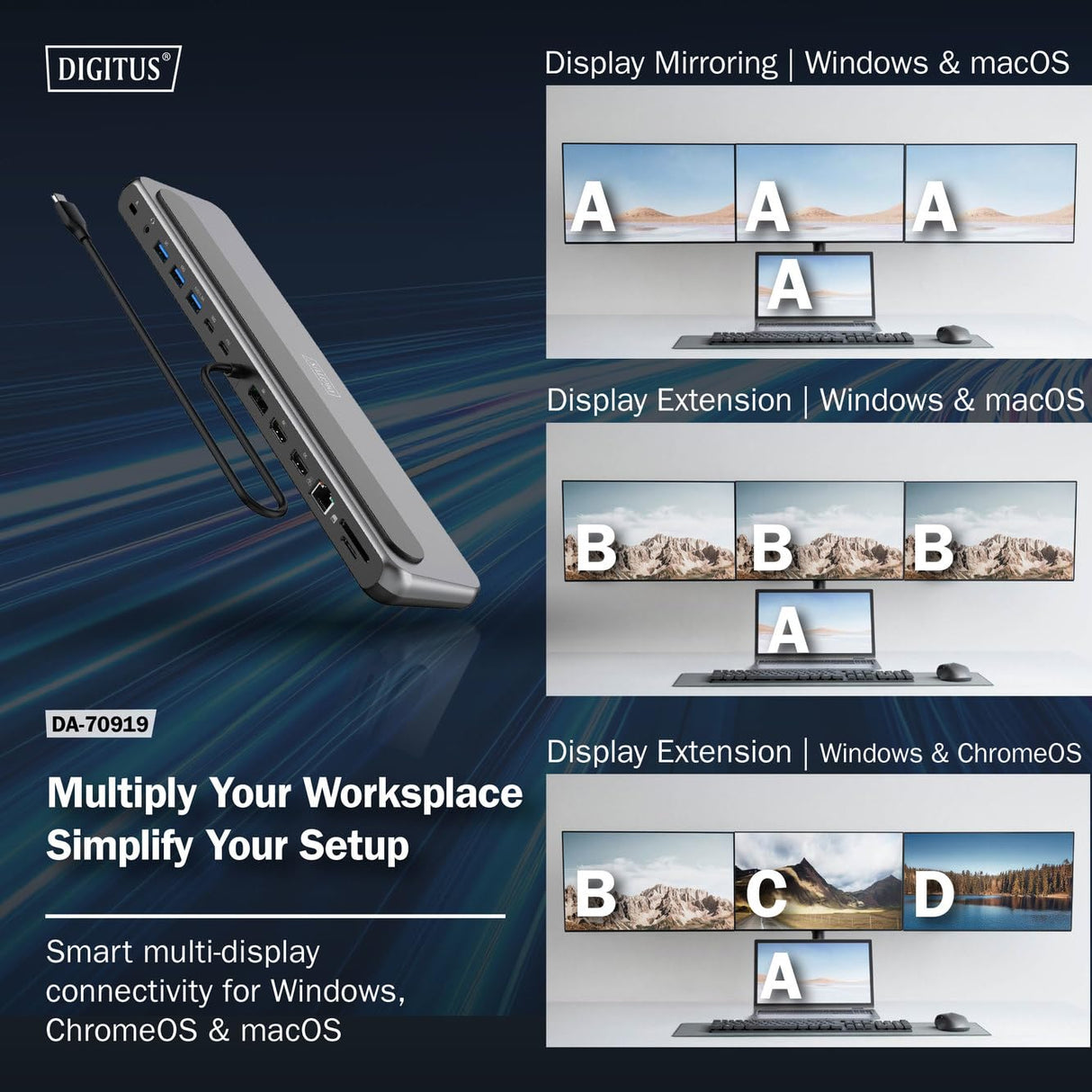 DIGITUS Docking Station – 12 Puertos – 2X HDMI, 1x Displayport 8k 30Hz – 2X USB-A 3.2 Gen2, 1x Tipo A 3.2 Gen1, 1x USB-C 3.2 Gen2 – 1x RJ45 – Lector de Tarjetas SD MicroSD – Conector de 3,5 mm – Gris