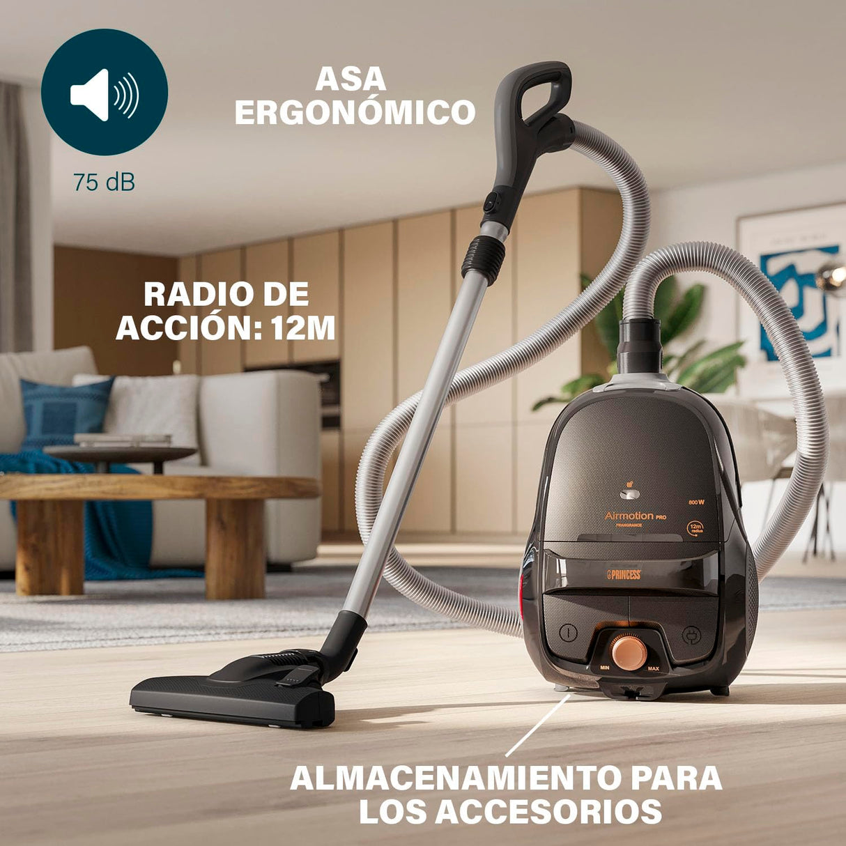 Princess Airmotion Pro, Función Fragancia para Aire Fresco, Ligero & Compacto & Gran Capacidad 4L, maniobrable con 3 Ruedas, 4,5 kg, 800W, 21 kPa, Filtro HEPA, 12m, 68 dB, Aspirador con Bolsa 336090