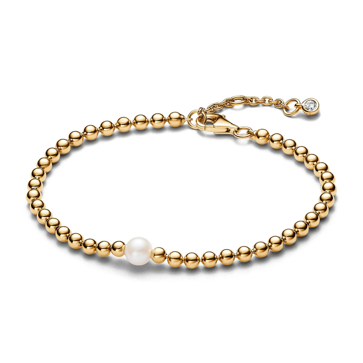 Pandora Timeless Pulsera con cuentas chapada en oro de 14 quilates con perla blanca cultivada de agua dulce tratada y circonitas cúbicas transparentes, 20