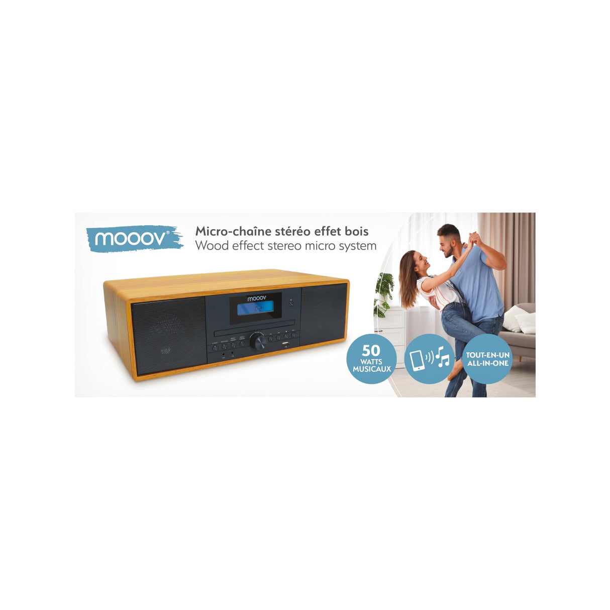 Mooov 477380 - Microcadena HiFi estéreo 50W Musicales, Reproductor CD, Bluetooth, Radio FM, USB, AUX-IN, RCA, Despertador, Mando a Distancia
