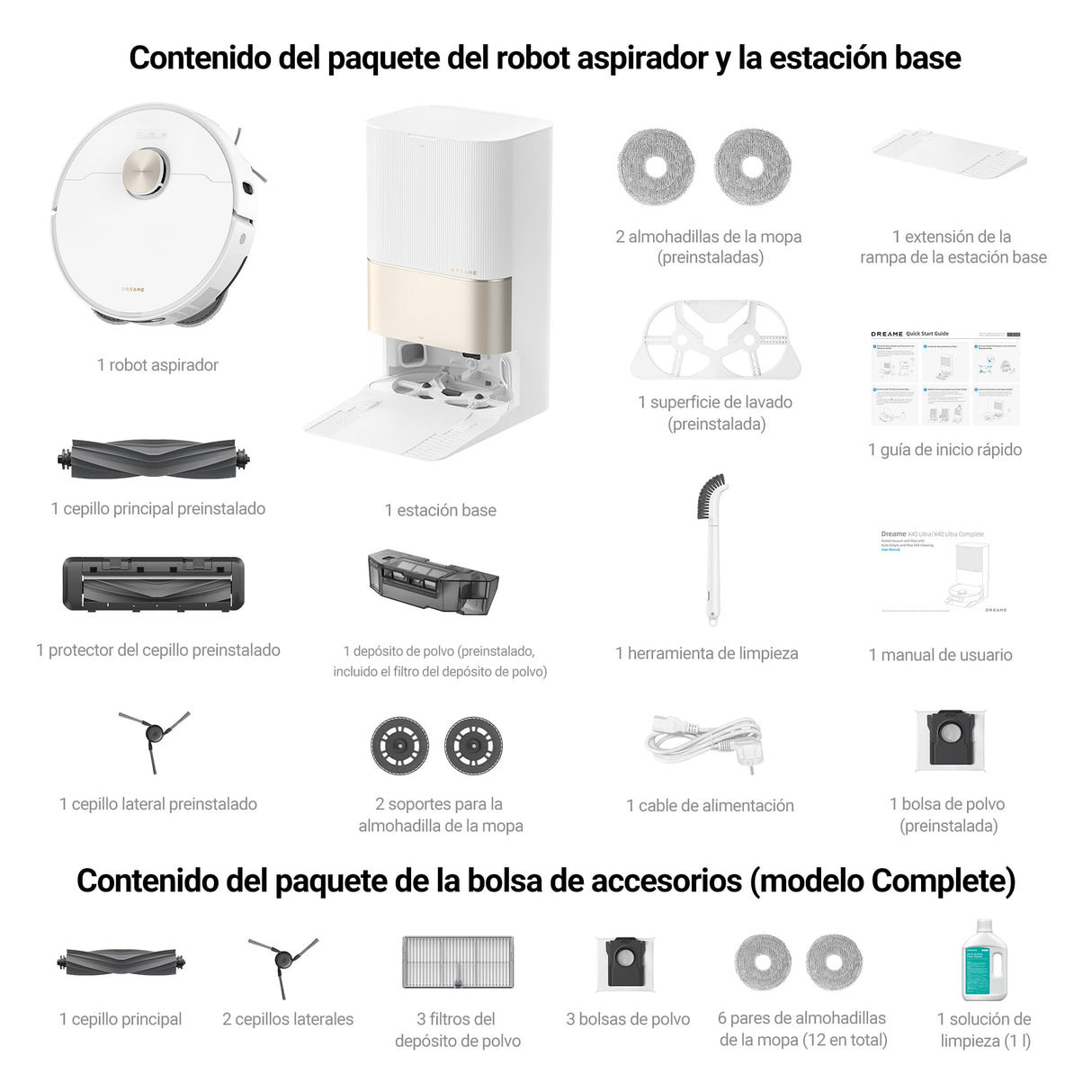 dreame X40 Ultra Complete Robot Aspirador y Fregasuelos, 12.000 Pa Succión, con Mopa Extraíble y Elevable, 70℃ Fregona Autolimpiable, Cepillo Lateral Extensible y Elevable, Detección Suciedad