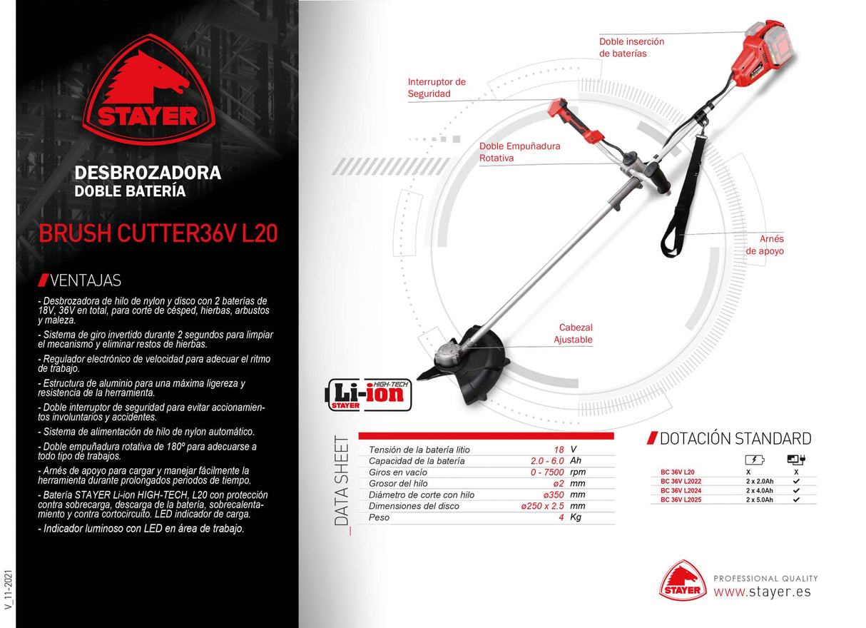 Stayer Desbrozadora a batería 36V con motor BRUSHLESS, BRUSH CUTTER 36V L2022. Incluye: 2 Bat. 2Ah. + Cargador.
