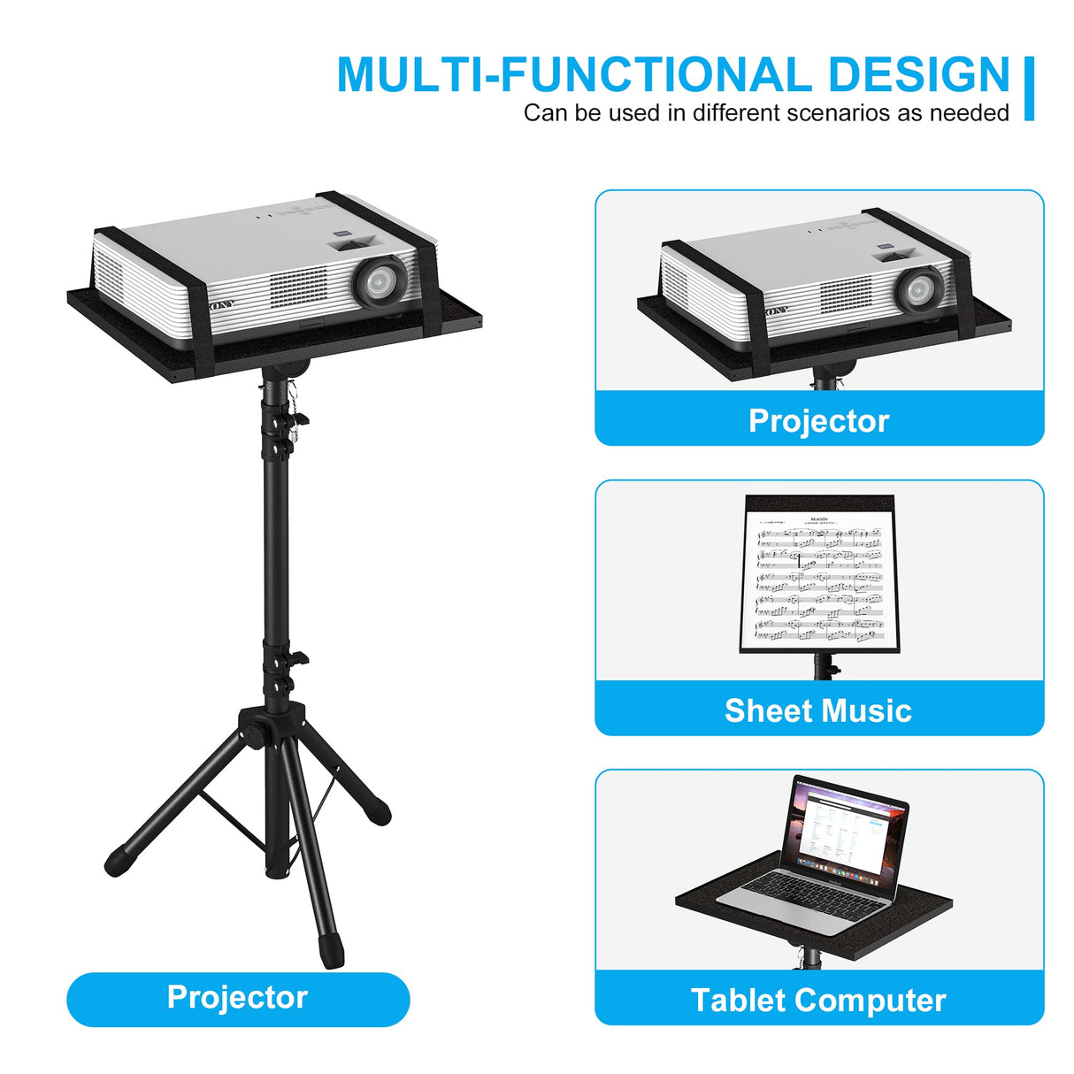 DECOSIS Trípode para proyector de 23.5 a 46.5 pulgadas, soporte de trípode para laptop de altura ajustable con soporte de teléfono de cuello de cisne, soporte de suelo para laptop para oficina, hogar,