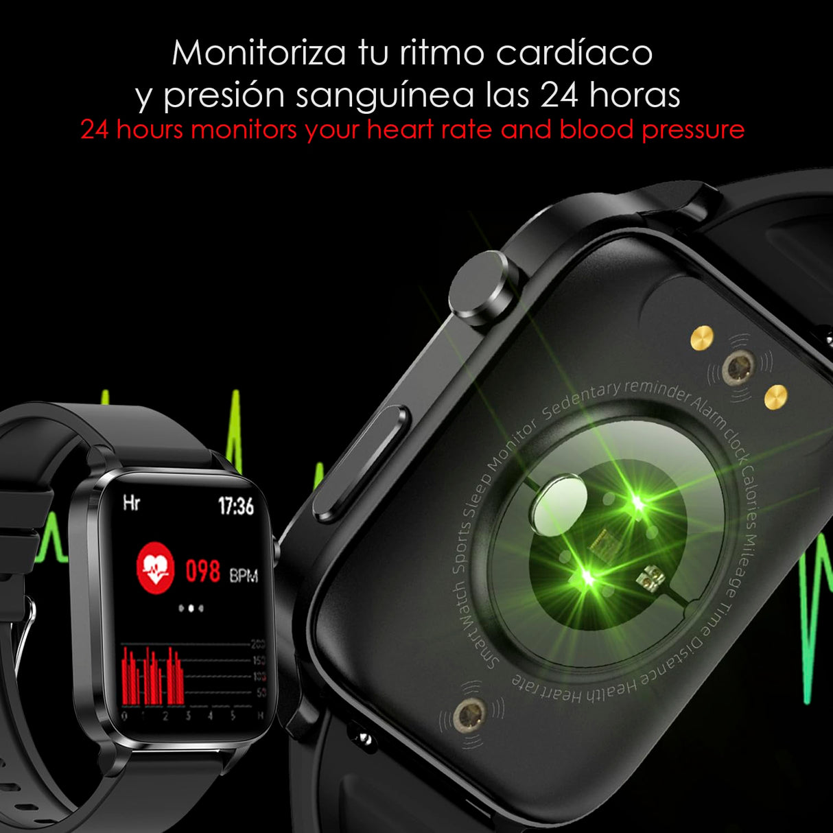 DAM Smartwatch F100 con Terapia de Salud con láser de Doble sonda. Monitor de O2, tensión y termómetro. Varios Modos Deportivos. 3,7x1,1x4,2 Cm. Color: Negro