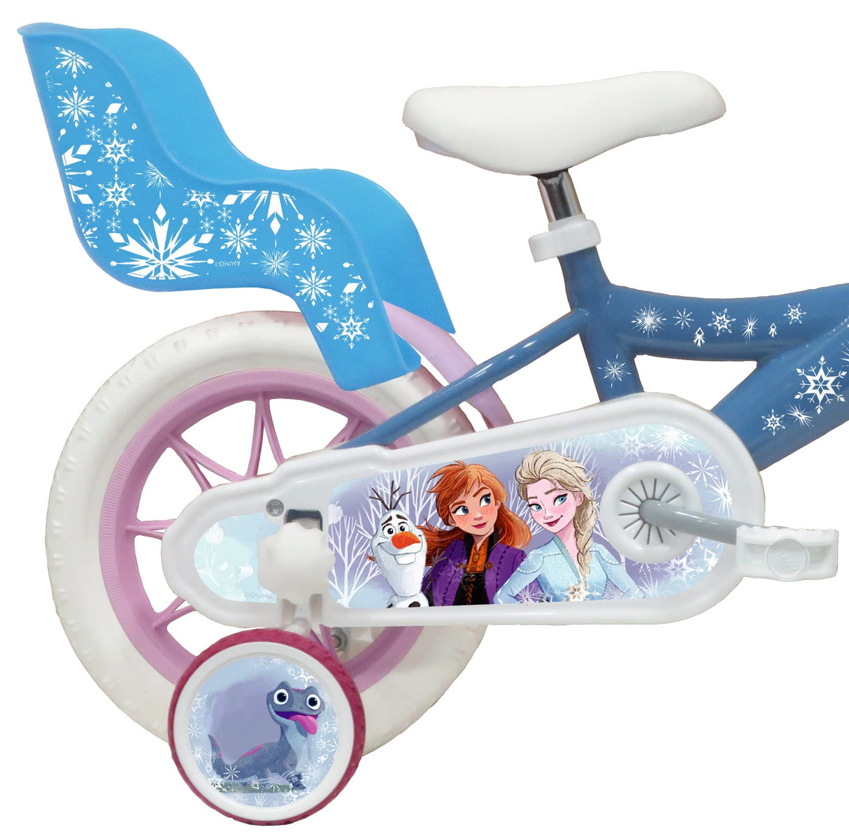 Vélo ATLAS Bicicleta de 12 Pulgadas para niña, diseño de Frozen, con 1 Freno, Cesta Delantera, portamuñecas traseras, Guardabarros, cárter y estabilizadores, Niñas, Azul Celeste, 12''