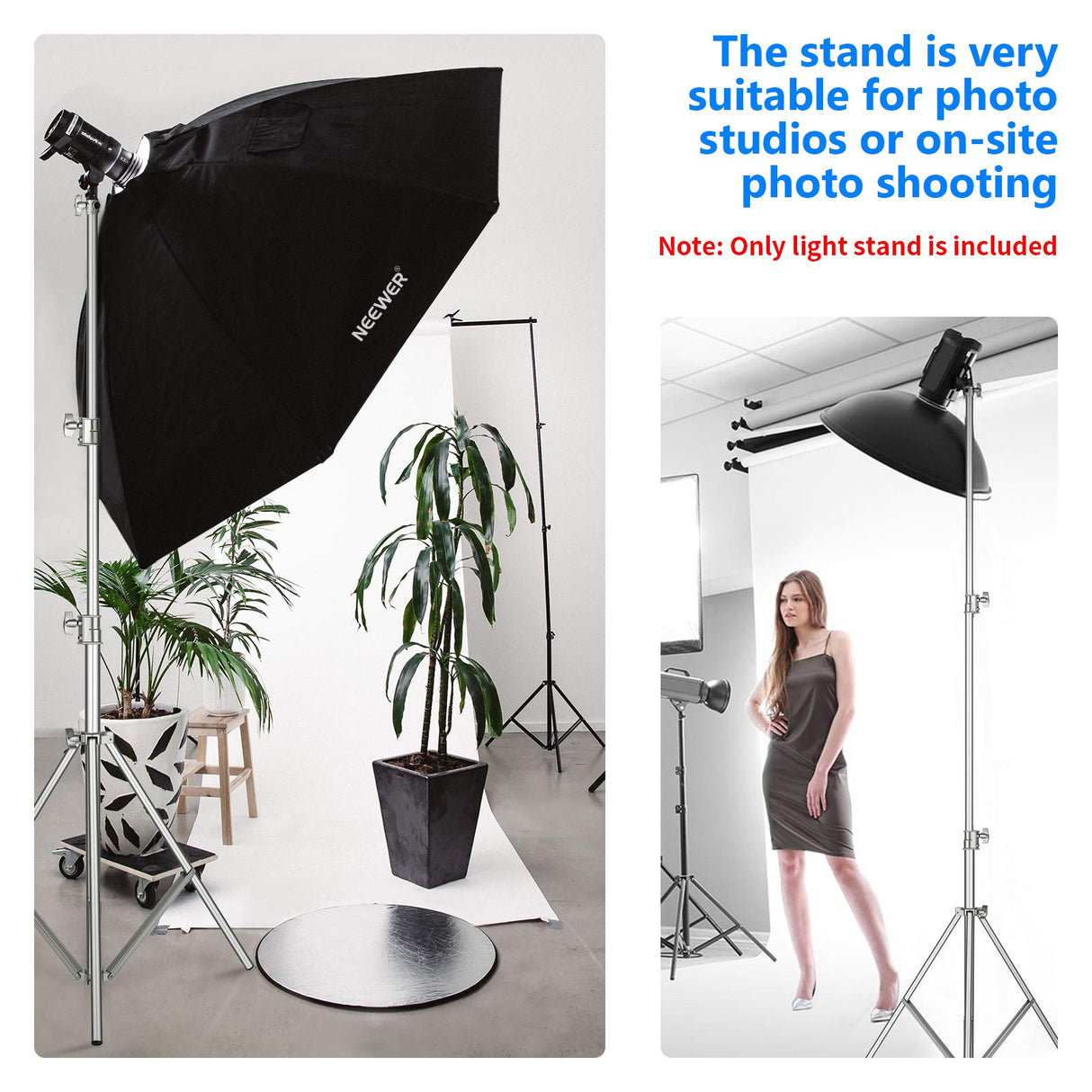 Neewer Soporte de Luz de Acero Inoxidable Resistente 300cm con Adaptador Universal de 1/4 a 3/8 Pulgada para Foto Estudio Softbox Flash Estroboscópico Monolight y Otros Equipos Fotográficos(Plateado)