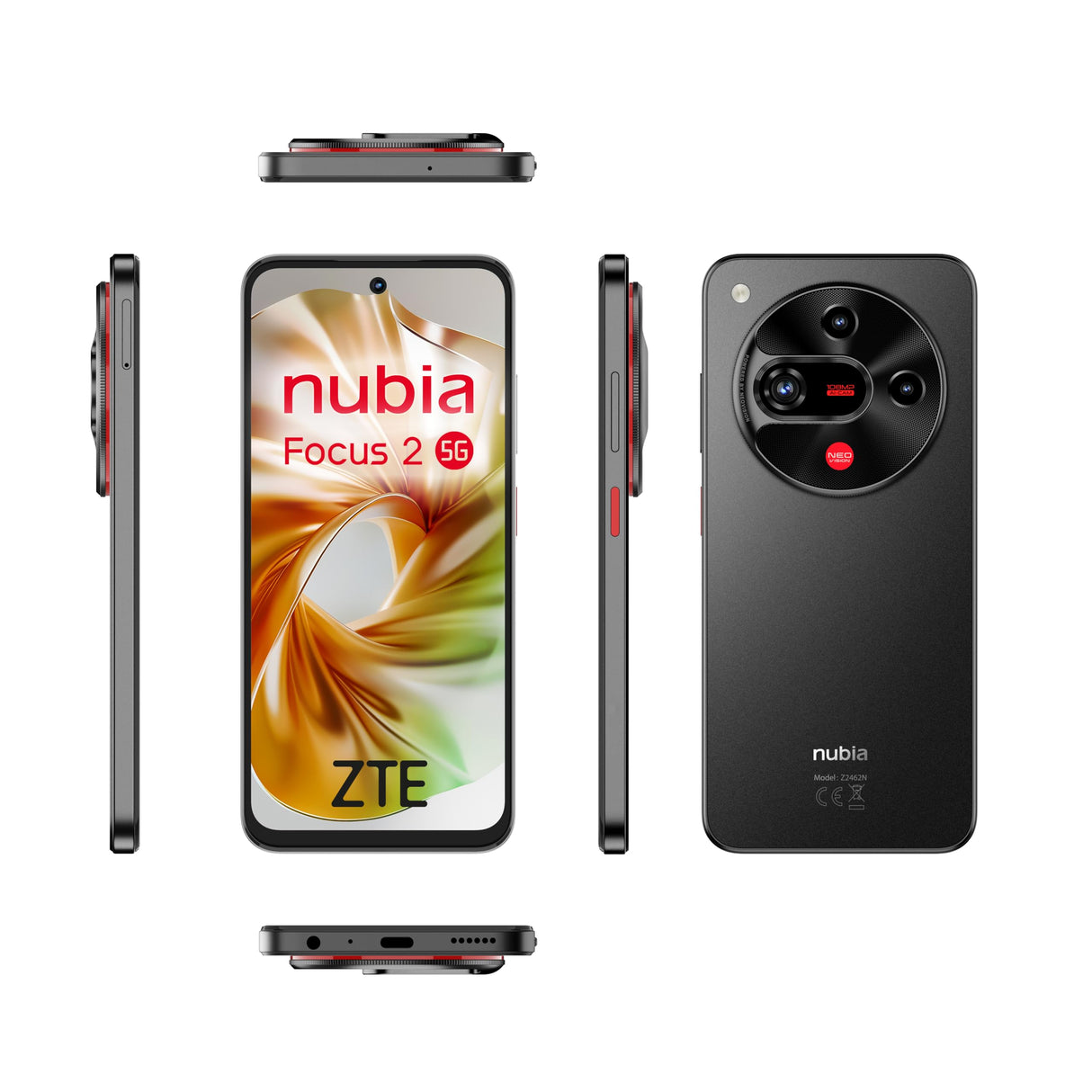 ZTE Nubia Focus 2 5G, Smartphone Libre con IA, 8GB+256GB, Pantalla 6,7" HD+ 120Hz, Cámara 108MP, Batería 5000mAh, Carga Rápida 18W, Android 15, Incluye Funda y Protector, Negro
