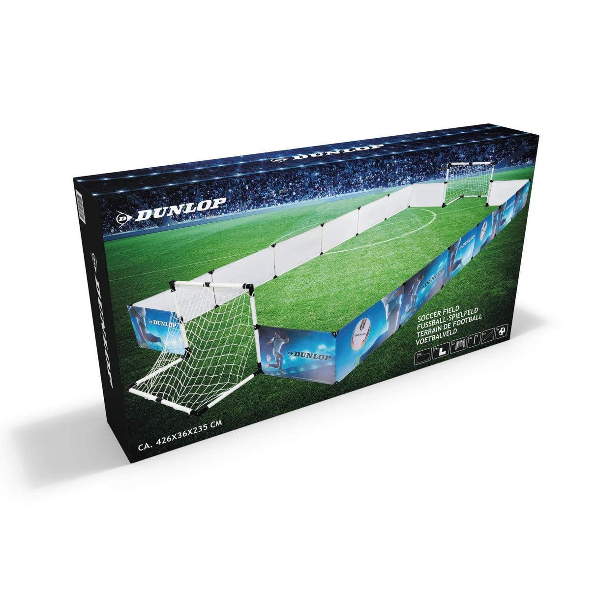 Dunlop Juego Valla, 2 porterías, fútbol y Bomba, 426 x 235 x 36 cm, Unisex para jóvenes, Azul/Blanco/Negro, 426 cm x 235 x 36 cm