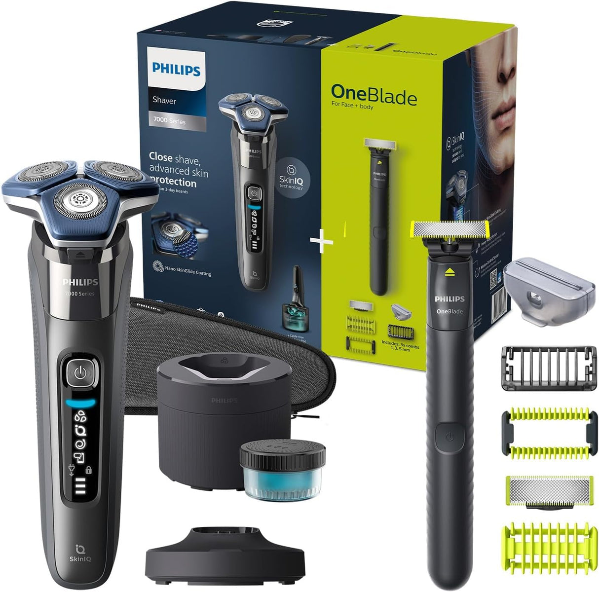 Philips Serie 7000 Afeitadora Eléctrica Hombre, Máquina de Afeitar Barba con Recortadora, 60min de uso, En Seco y Húmedo, Recargable, Centro de Limpieza, Base Carga, OneBlade, Funda, S7887/78, Gris