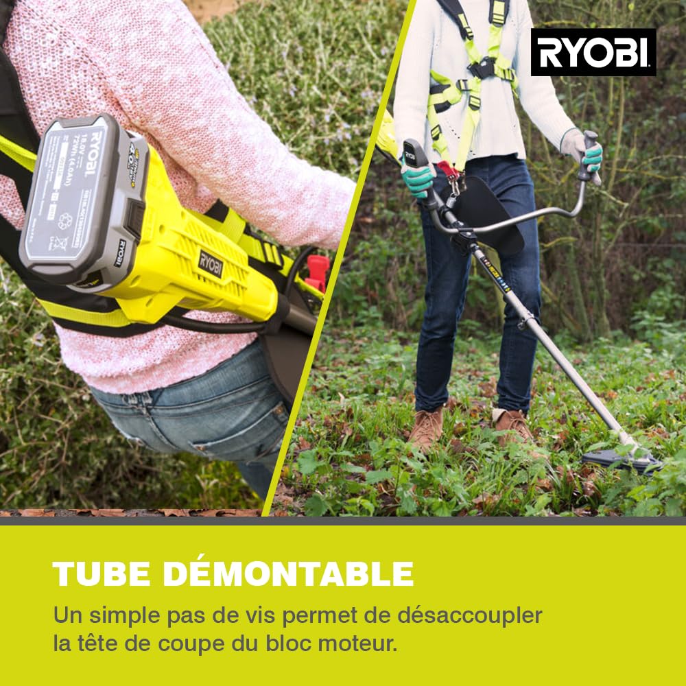 RYOBI Desbrozadora Inalámbrica 18V One+ con Cuchilla Tri-ARC y Cabezal de Hilo – Arnés Vertebrae Ergonómico – (Sin batería)